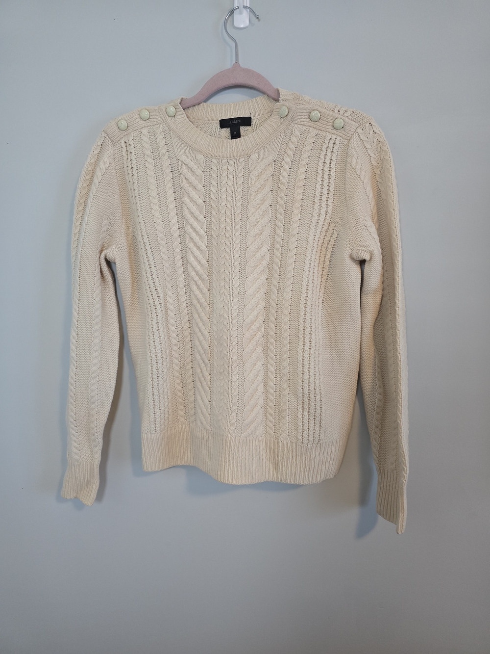 J.Crew Cream Wool Cable Knit Shoulder Button Sweater Women’s M